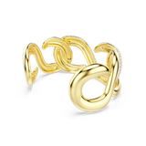 Gold-toned cuff armband with sculptural, flowing chain links, some encrusted with clear crystals.