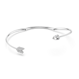 Silver-toned open choker with an arrow fletching end covered in small clear crystals and a large clear faceted crystal arrow