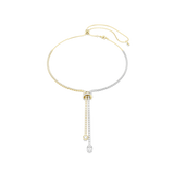 White and gold-toned crystal-embellished bolo necklace with a central knot, dangling strands, and pear-shaped crystal drop.