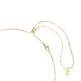 Gold-toned delicate chain necklace with an adjustable slider bead, lobster clasp, and a small, flat, gold-toned charm.