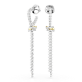 Pair of long drop earrings featuring silver-toned metal, clear crystals, and a gold-toned wrapped accent.