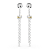 Pair of long drop earrings with silver-toned studs, featuring a vertical line of white crystals with a gold-toned band around