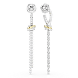 Pair of long, silver-toned dangle earrings with clear crystals. Both have a gold-toned twisted band. Left: stud top, wide cry