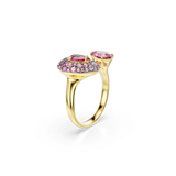 Gold-toned open ring with a cluster of pink pavé stones and a central red stone, plus a single oval red stone in prongs.