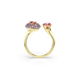 Gold-toned open ring with a large pink stone on one end and a domed cluster of varied pink stones with a central pink stone.