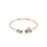Gold-toned open-cuff bangle with blue, green, purple, pink, and yellow mixed-cut faceted crystals.