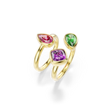 Gold-toned open-band ring set with a pink pear-shaped stone, a purple cushion-cut stone, and a green pear-shaped stone.