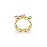 Gold-toned ring set with three bands, each topped with a bezel-set faceted stone: light purple, pink, and light green.