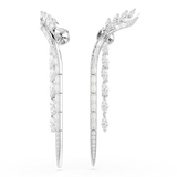 Silver-toned long earrings. Left: curved with baguette and marquise crystals. Right: curved with baguette crystals, plus dang