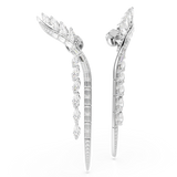 Pair of long, curved rhodium-plated earrings with marquise and baguette clear crystals. A string of marquise crystals dangles