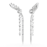 Pair of silver-toned ear climber earrings with clear marquise crystals at the top. Two dangling chains feature oval and bague