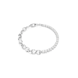 White Swarovski bracelet featuring a silver-toned chain on one half and a line of clear, round crystals on the other, with a