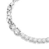 Silver-toned bracelet with a chunky S-link chain and a line of round, clear faceted crystals, joined by an S-shaped link.