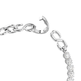 Silver-toned bracelet with an open clasp. One side is a chain of oval links, the other is a chain of round clear crystals end