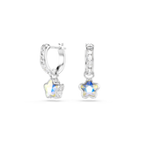 Pair of silver-toned huggie hoop earrings with clear crystals and iridescent star-shaped charms.