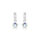 Pair of silver-toned hoop earrings with clear square crystals, each dangling an iridescent multi-color faceted star.