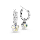 Pair of silver-toned hoop earrings with clear crystals on the front half. Each hoop has a hanging iridescent, faceted star ch