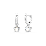 Pair of silver-toned hoop earrings, each with a dangling faceted opalescent star charm.