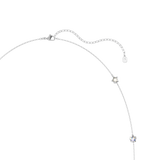 Silver-toned necklace with lobster clasp and extender. Features two star charms: one with a white center, one with an iridesc