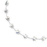 Silver-toned necklace with multiple faceted iridescent star-shaped crystal charms spaced along the chain.