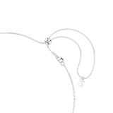 Silver-toned necklace with a delicate link chain, adjustable textured bead, lobster clasp, and a small swan logo charm.