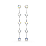 Pair of silver-toned dangle earrings, each with five iridescent crystal stars on a chain. Alternating stars show blue/yellow