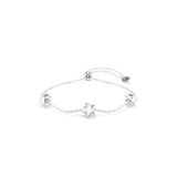 Silver-toned chain bracelet with three iridescent white star-shaped crystal embellishments and an adjustable slider clasp.