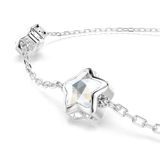 Silver-toned chain bracelet with two star charms. Each star features a faceted, iridescent crystal surrounded by smaller clea