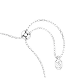Silver-toned chain bracelet with rectangular links, an adjustable round slider bead, and an octagonal charm with a swan logo.