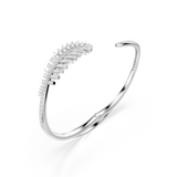Silver-toned open bangle. One end has a large crystal feather design. The other end is a plain silver-toned curve. Small crys
