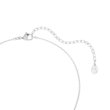Silver-toned necklace with a lobster clasp, an extender chain featuring larger oval links, and an octagonal tag with a swan l