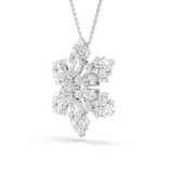 Silver-toned necklace with a sparkling snowflake-shaped pendant, intricately clustered with clear crystals of various cuts.