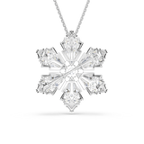 Silver-toned necklace with a large, intricate snowflake pendant adorned with numerous clear faceted crystals. It also functio