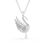 Silver-toned necklace with a white crystal swan pendant, featuring baguette, round, and a dangling pear-shaped clear crystal.