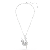 Silver-toned necklace with a chain of clear rectangular crystals. A swan pendant, covered in clear baguette crystals, has a p