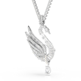 Silver-toned tennis necklace with a crystal-encrusted swan pendant. Swan has small pearls and a dangling teardrop crystal.