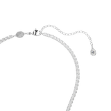 Silver-toned necklace with two rows of clear crystals, a lobster clasp, extender chain, and a small crystal charm.