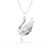 Silver-toned necklace with a swan pendant featuring clear baguette and round stones, and a pear-shaped drop stone.