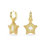 Pair of gold-toned hoop earrings with star-shaped dangles, featuring clear and yellow pavé crystals and a central clear cryst