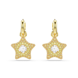 Pair of gold-toned hoop earrings with star charms. Each star is paved with light yellow and pink crystals, with a clear cryst