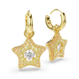 Pair of gold-toned hoop earrings with star charms. Each star is covered in yellow, orange, and white crystals, with a large w