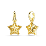 Pair of gold-toned hoop earrings with hanging star charms. Each star is encrusted with clear crystals and has a larger crysta