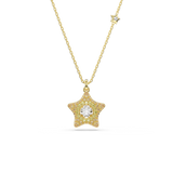 Gold-toned chain necklace with a large star pendant, featuring a central clear crystal and pavé-set yellow and pink crystals.