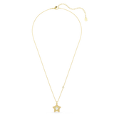 Gold-toned necklace with a star pendant encrusted with clear crystals and a larger round clear crystal. Small star charm on c
