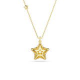 Gold-toned necklace with a puffed star pendant featuring a central clear crystal and smaller crystals, plus a small star char