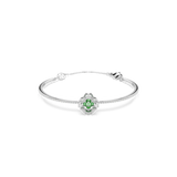 Silver-toned bangle bracelet with a central green crystal clover motif surrounded by clear pavé crystals and an adjustable ch