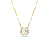 Gold-toned necklace with a circular pendant featuring a large clear round crystal surrounded by smaller clear crystals.