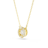 Gold-toned necklace with a delicate link chain. The circular pendant features a large round clear crystal surrounded by small