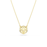 Gold-toned link chain necklace with a circular pendant. It features a central clear crystal, a stylized 'SS' logo, and geomet