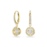 Pair of gold-toned drop earrings with white crystals. Crystal-set hoops and circular charms with central round 'dancing' whit